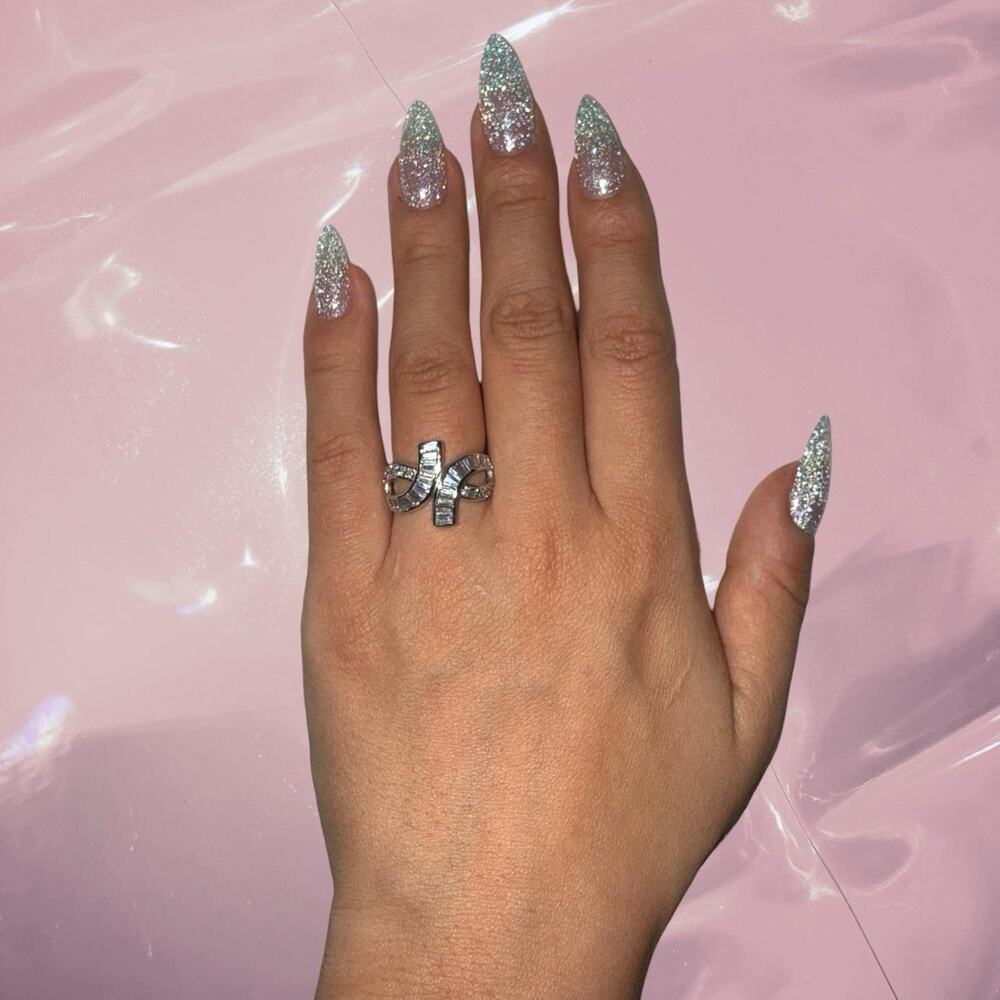 Y2K Coquette 925 Sterling Silver bow ring with clear baguette CZ sparking Size 5